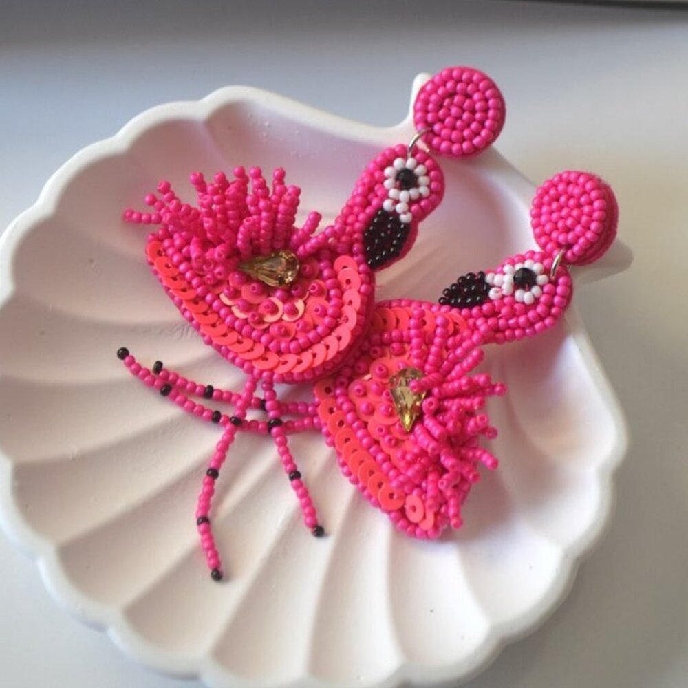 Fuchsia Dark Pink Pink Crystal Accent Seed Bead Flamingo Tropical Bird Earrings